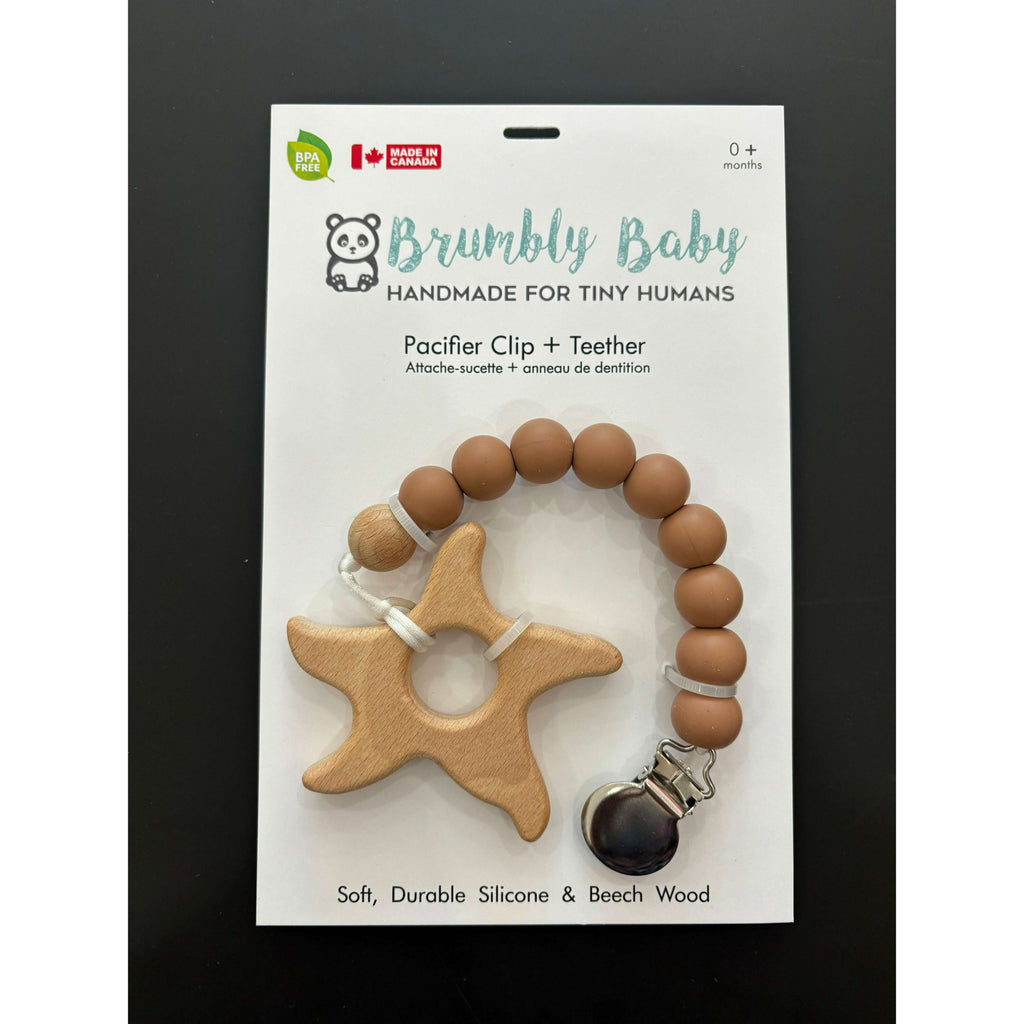 Brumbly Baby Pacifier Clip with Wooden Teether