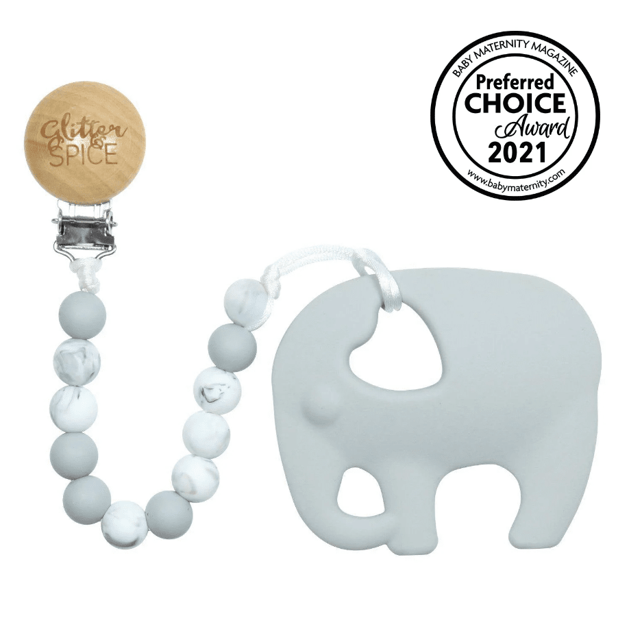 Glitter & Spice Elephant Teether & Pacifier Clip